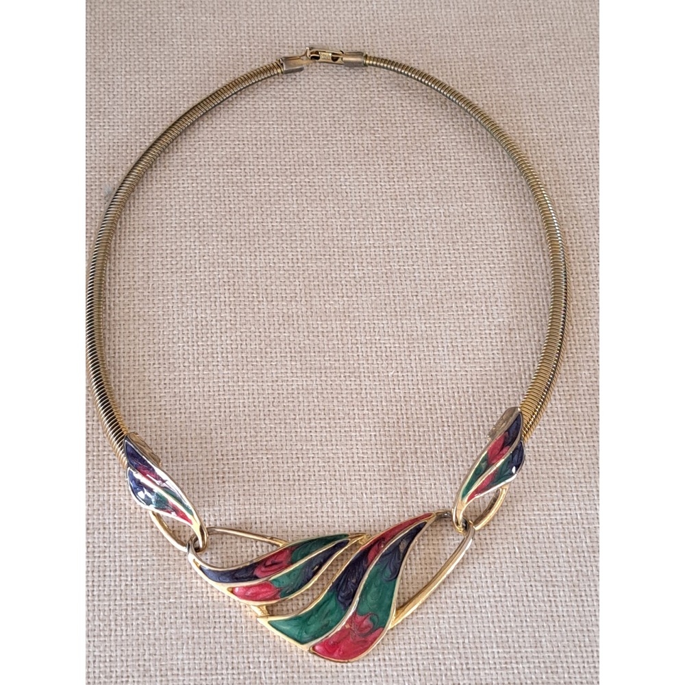 Vintage Gold Tone Enamel Leaf Collar Necklace Modernist Green Red Blue Statement